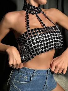 Women's Sparkling, Cropped, And Cutout Bralette, Featuring Rhinestone Embellishments And Chain Details, A Perfect Camisole Top For Nightclubs, Music Festivals, And Concerts. - 黑色 - 查看 5