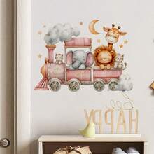 1 hoja de pegatinas de pared con diseños de tren de animales lindos con maquinista gato y elefante, jirafa, león, tema de dibujos animados, calcomanías de animales extraíbles y adhesivas para decoración de dormitorio, sala de estar, tema de la selva - A - Ver 1