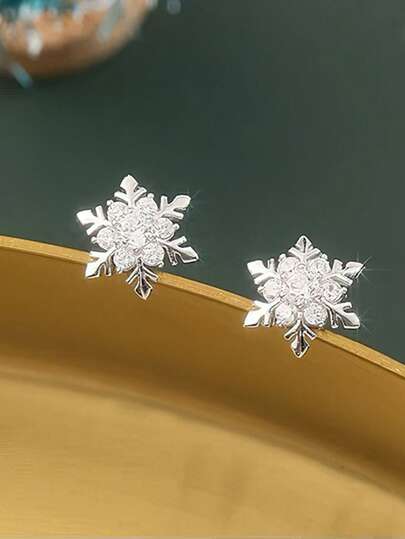 1 Pair S925 Sterling Silver Sweet Fresh Snowflake Stud Earrings, Women's Fashion Zirconia Inlaid Earrings, Petite Elegant Earrings, Holiday Gift