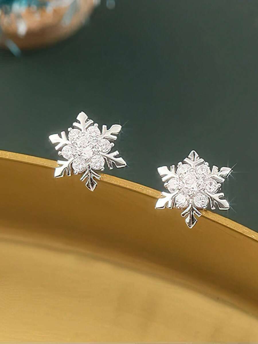 1对S925纯银甜美清新雪花耳钉，女士时尚锆石镶嵌耳环，小巧优雅耳环，节日礼物 - 雪花 - 查看 1