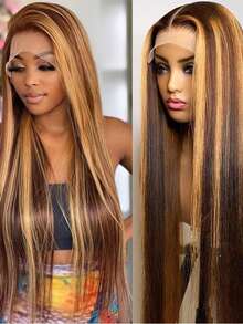 Eulisi 高光 Omeber 5*5 蕾丝前假发,真人发 P4/27 蜜金色蕾丝前假发,真人发 5x5 闭合式假发,真人发假发,适合,直发无胶假发,真人发预先拔毛,24 英寸 - SP4/24 - 查看 5