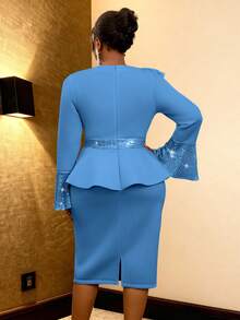 Plus Size Women's Ruffle Flare Sleeve Glitter Decor Round Neck Party Bodycon Dress, Long Sleeve Cocktail Semi-Formal Evening Gown, Suitable For Birthday, Graduation, Wedding Guest, Homecoming - Blue - View 2