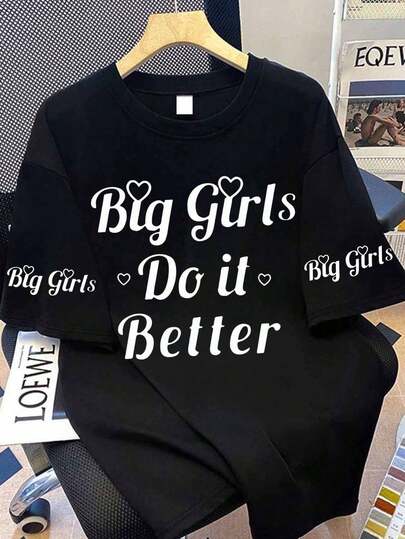 Plus Size Slogan Printed T-Shirt, Casual Round Neck Short Sleeved T-Shirt, Women's Plus Size Clothing