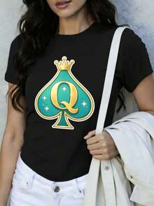 Koszulka z grafiką Queen Spade Crown, jesień, bawełna premium, nadruk artystyczny, styl uliczny hip-hop, oddychająca - Czarne - Zobacz 1