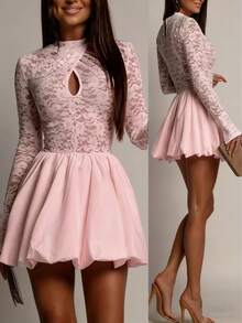 新款性感优雅蕾丝镂空连衣裙，适合春夏晚间约会派对，粉色 - 粉色 - 查看 2