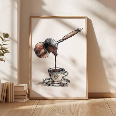 1pc, Canvas Wall Art, Framed Wall Decor, Turkish Coffee Pouring Theme Wall Art Print, Vintage Turkish Coffee Pot Poster, Rustic Kitchen Decor, Barista Gift, Traditional Coffee Illustration, Middle Eastern Home Decor, Islamic Poster, Room Decor Aesthetics, Dorm Decor, Bedroom Decor, Living Room Decor, Bathroom Decor, Kitchen Decor, Dining Room Decor, Office Decor, Holiday Gift