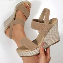 Women's Wedge Heel Platform Sandals, Plus Size, Cross-Border, Espadrille Waterproof Platform, Fashionable Slip-On High Heel Sandals With Chunky Sole - 卡其色 - 查看 6