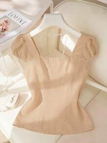 优雅法式纯色方领短袖女式衬衫，春夏修身设计，独特 - 卡其色 - 查看 2