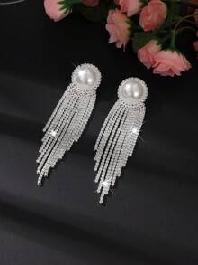 Luxury Bridal Silver Crystal Faux Pearl Tassel Earrings, Long Crystal Pendant Drop Earrings Suitable For Wedding, Bridesmaid, Wedding Guest, Party, Prom - 1697 Earrings - View 3