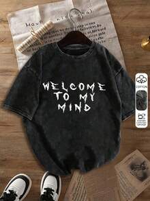 大码女式水洗棉短袖T恤，骷髅标语印花，复古宽松版型，Y2K街头风休闲黑色 - 黑色 - 查看 3