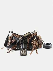 New Retro Chic Leopard Print Underarm Bag, High-End Y2K Punk Rivet Motorcycle Commuter Versatile Shoulder Handbag - Multicolor - View 2