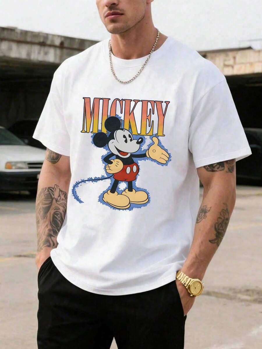 Men's Disney Casual T-Shirt, Retro Gradient Mickey Mouse Print, Vibrant Design, Comfortable Soft Fabric, Perfect For Disney Fans - White - View 1