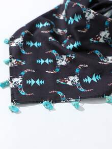 1pc Women's Fashion Western Leopard Print Bull Head Pattern Denim-Style Scarf - With Turquoise Pendant Multifunctional Scarf, Polyester Material, Suitable For Daily Fashion Matching - Multicolor - View 2