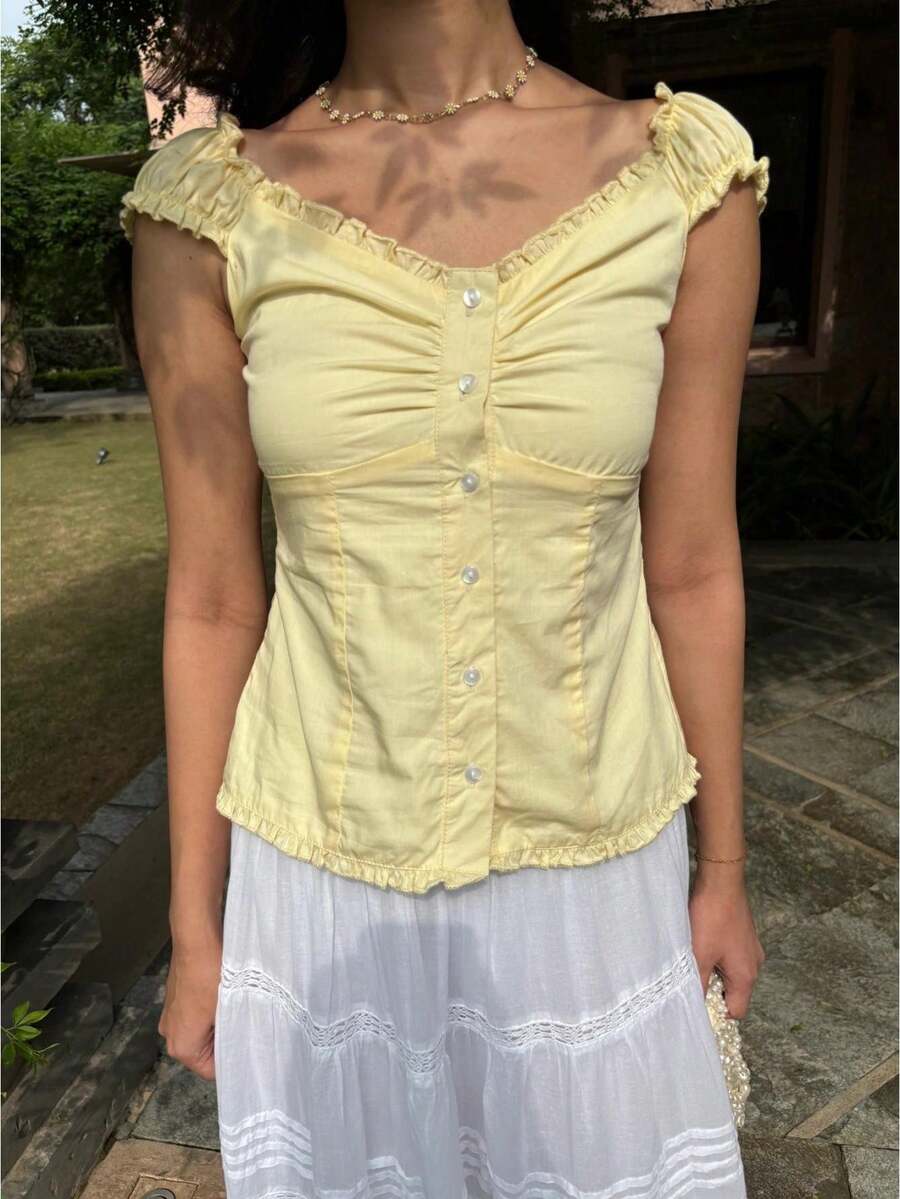 Women Y2k Fairy Grunge Shirts Puff Sleeve Button-Up Ruffle Hem Babydoll Tops Coquette Aesthetic Tee Shirt - Yellow - View 1
