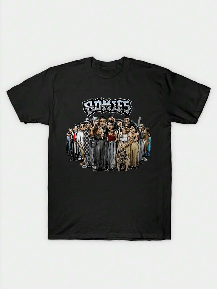 Homies Gangster Cartoon Characters Print Same Style For Men And Women 2025 Summer Short-Sleeved Printed T-Shirt Pure Cotton 220G - Black - View 1