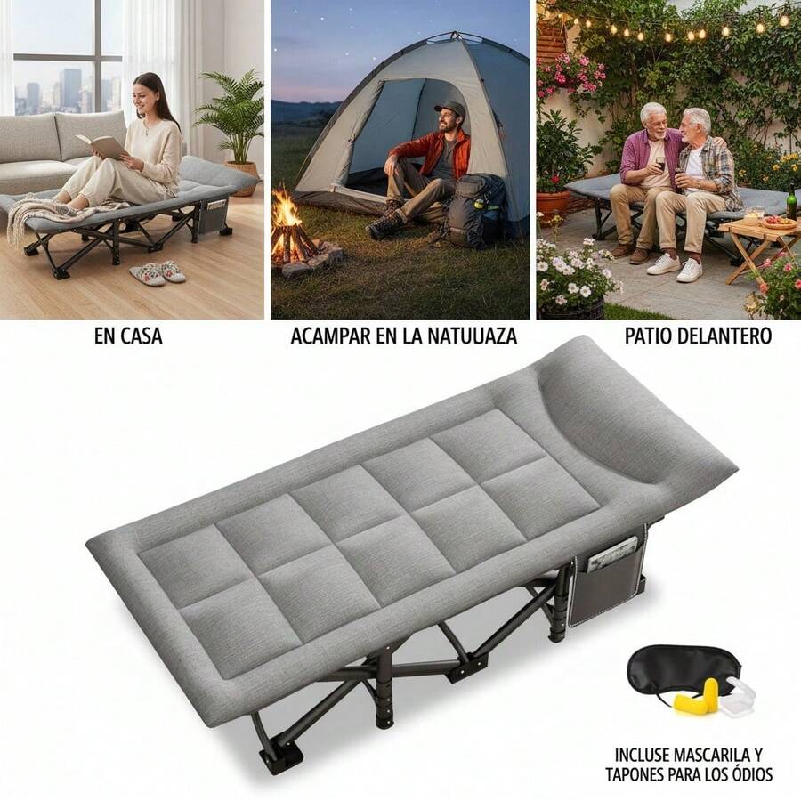 JM VAAL Cama de camping plegable portátil, súper reforzada 300kg, estructura anti-humedad, medidas 68x190cm, ideal para playas mexicanas, bosques, cenotes y selva, incluye antifaz y tapones anti-ruido para descanso profundo, garantía 2 años, color gris oscuro.