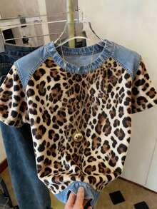 女士夏季穿搭：牛仔印花撞色豹纹休闲衬衫，圆领短袖简约T恤 - 彩色 - 查看 1