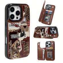 Cartera de Leopardo con Boca Abierta y Solapa Negra y Rosa, para iPhone 12, 13, 14, 15, 16, PRO, PROMAX, MINI, PLUS.Incluye ranuras para tarjetas de crédito y llaves, funda para teléfono móvil con billetera. - Marrón - Ver 2