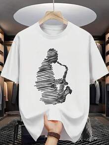 Camiseta gráfica de saxofonista para hombres| Camiseta de Música Jazz Blanca - Suave y Transpirable, Atuendo Casual, Lavable a Máquina, Manga Corta, Cuello Redondo, Para Todas las Estaciones, Perfecta para Músicos y Miembros de Bandas - Blanco - Ver 2