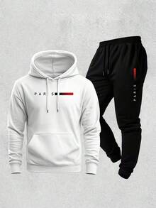 New Paris Print Warm Sweatshirt And Pants Set, Comfortable Autumn/Winter Loose Fit, Drawstring, Pockets, And Hood. - White - View 1
