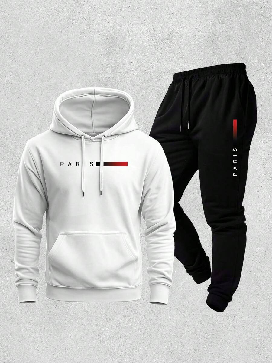 New Paris Print Warm Sweatshirt And Pants Set, Comfortable Autumn/Winter Loose Fit, Drawstring, Pockets, And Hood. - White - View 1