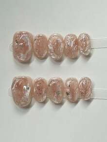 10片手工制作的短椭圆形美甲贴纸，粉白扎染猫眼设计，柔和闪粉，可爱甜美，适合女性和女孩，适用于春、夏、秋、冬、节日和日常美甲。 - 粉色 - 查看 1