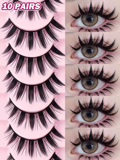 MAANGE 10 Pairs Anime Cat Eye Fluffy Lashes, European Style, Multi-Pack, Reusable D-Curl Thick Lashes, Professional Makeup For Cosplay And Stage, Dramatic Eye Makeup, Easy Application For Beginners