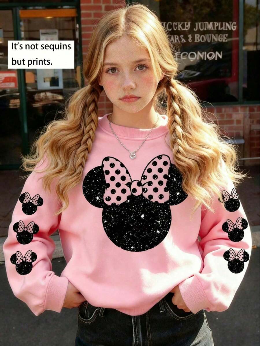 Disney Official Authorized Charming Minnie Mouse Silhouette With Polka Dot Bow Girls Fun Sweatshirt Easy To Wear And Clean Perfect For Playdates Family Gatherings And Relaxed Days To Bring Cheerful Energy - Hồng - Xem 1