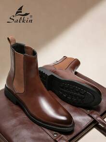 Salkin Vintage Designer Men's Chelsea Boots, Pull-On Style, Pointed Toe Design, Luxury Mid-Calf Ankle Boots, Men's Soft Genuine Leather Boots, Gentleman Business Formal Shoes, Casual Office Party Shoes, Couple's Romantic Dinner Date Gift, Back To School Student Shoes, Collegiate Style, Suggest Sizing Up One Size - Brown - View 3