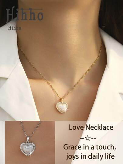 1pc Iridescent Heart Shaped Mother Of Pearl Pendant Necklace With Edging, Iridescent Mother Of Pearl + Delicate Edging, Romantic Highlight For New Year's Eve Date, Unique Gentle Sweet Girl Necklace