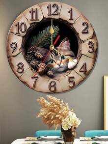 1 Peça Relógio de Parede de Madeira Fofo de Gato Tabby e Pinha de 10"/12" - Silencioso Sem Tique-Taque Operado a Bateria (Pilha AA Não Incluída) - Estilo Vintage Fazendeiro para Sala de Estar, Cozinha, Banheiro - Multicolorido - Visão 5