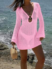 Gaun Mini Crop Top Wanita Warna Polos Seksi Berongga Transparan dengan Desain Cincin Logam Lengan Panjang, Penutup Pantai, Warna Pink untuk Liburan Musim Panas - Baby Pink - View 8