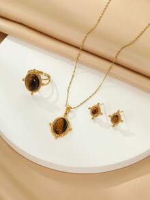 4pcs Stainless Steel Vintage Tiger Eye Jewelry Set, Suitable For Women Wear Or Gift - Yellow Gold - View 3