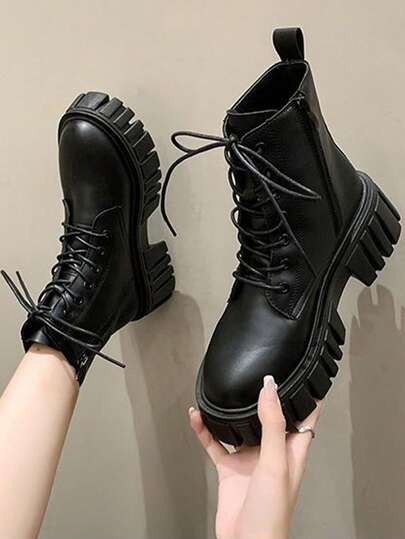 Botas casuales de mujer con cordones y tacón grueso Nuevas Botas Cortas de Cuero para Mujer Planas Colores Sólidos Blanco y Negro con Cordones y Cremallera Lateral Moda Casual Versátiles