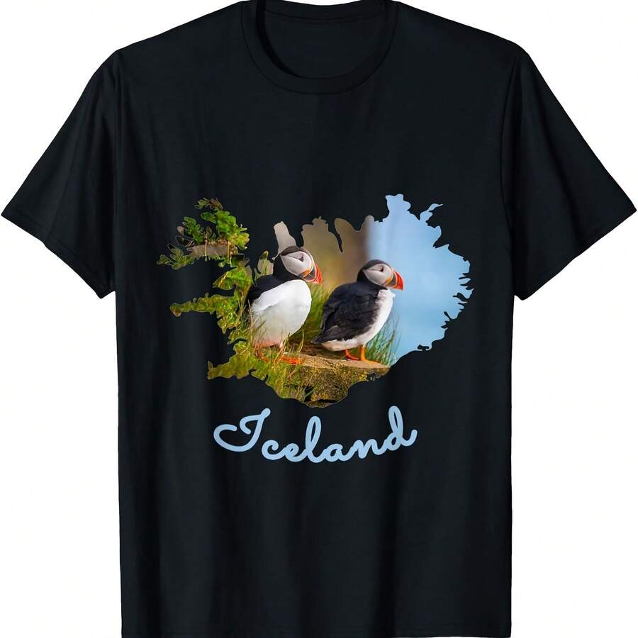Camiseta con diseño de texto y contorno del mapa de Islandia de frailecillos - Negro 1 - Ver 1