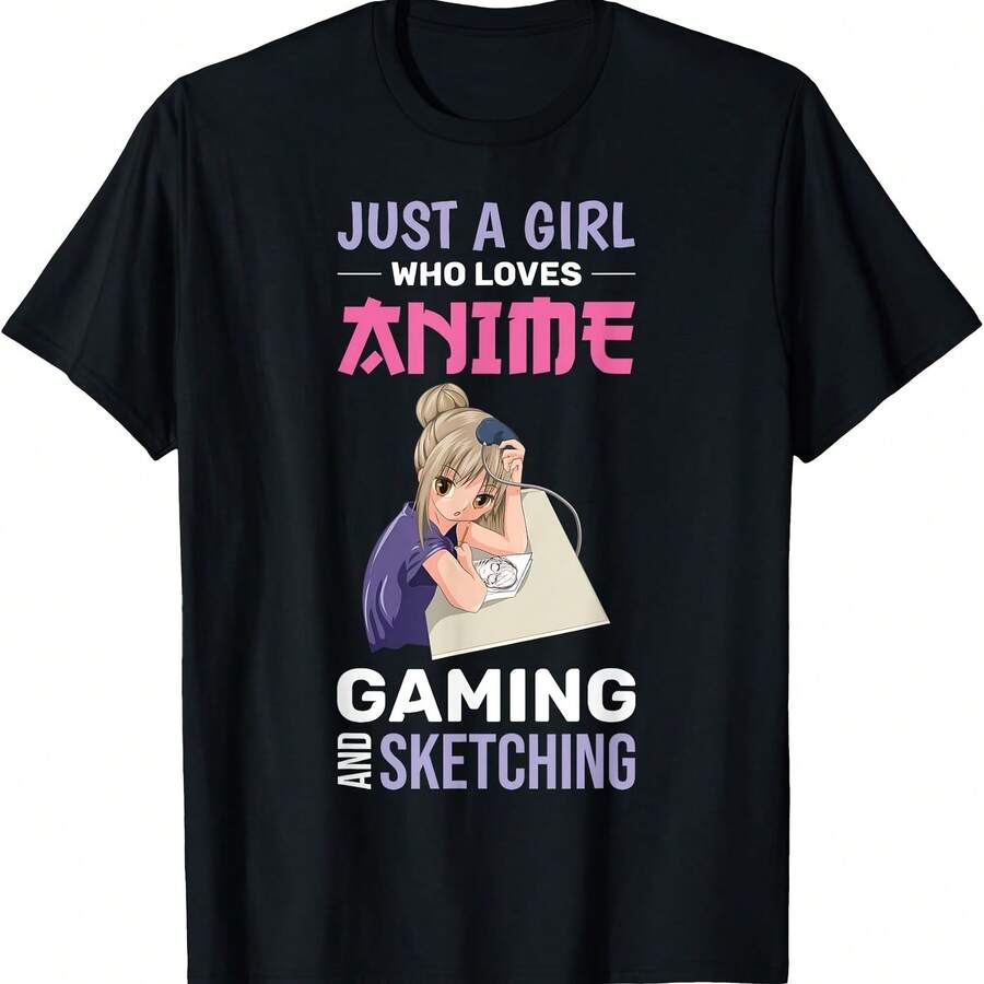 Camiseta de anime japonés "Solo una chica que ama los videojuegos y dibujar". - Negro - Ver 1