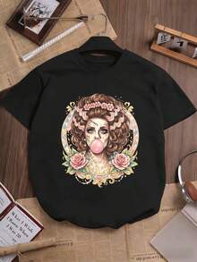 Women's Vintage Floral Graphic T-Shirt, 100% Cotton, Crew Neck, Relaxed Fit, Hip Hop Street Style - Black - View 2