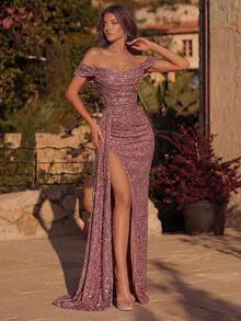 ADYCE Women's Off-Shoulder Ruched High Slit Party Maxi Dress, Suitable For Dancing, Cocktail Parties, With Flowing Ribbon Ties - Dusty Pink - View 7