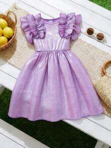 少女紫色珍珠拼接网纱无袖荷叶边收腰可爱甜美网纱连衣裙，夏季 - 紫色 - 查看 1