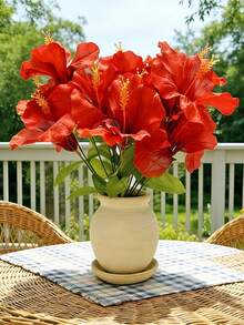 大型红色夏威夷芙蓉仿真花，配以绿叶，适合家居装饰、花园装饰、节日装饰以及春夏室内摄影。这是一款逼真的芙蓉花，花朵鲜艳盛开，是夏威夷派对装饰的理想之选。 - 紅色 - 查看 1