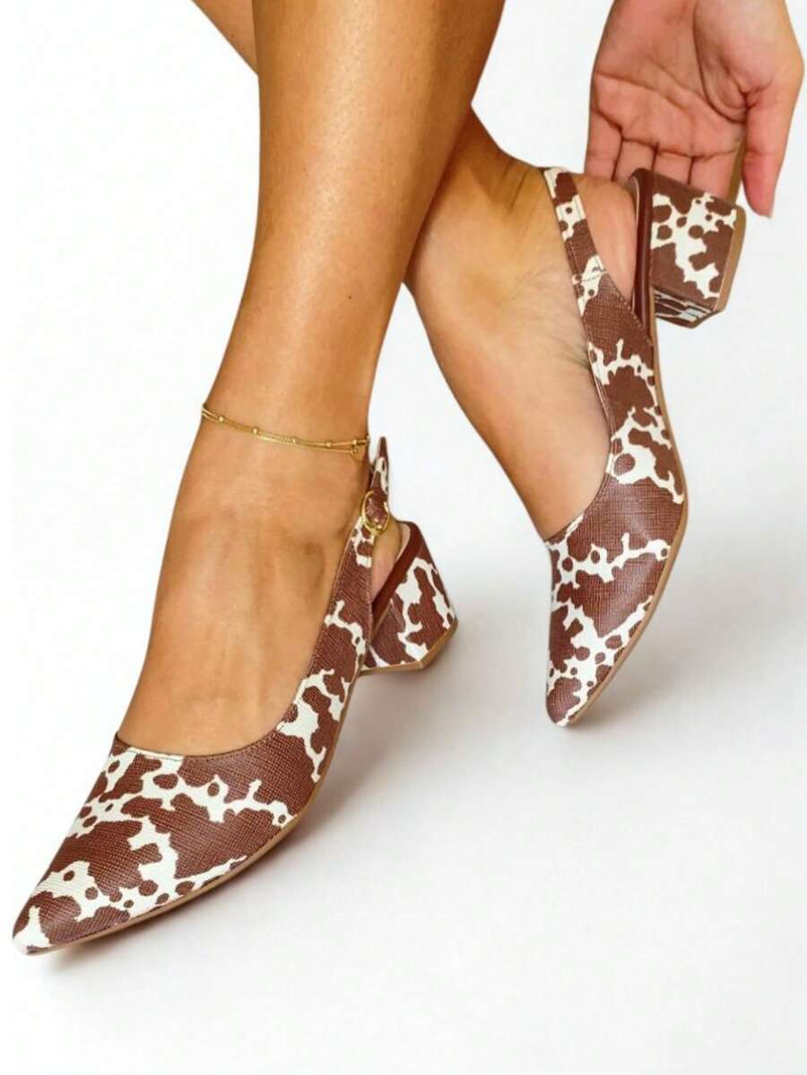 Elegant Block Heel Sandal With Pointed Toe, Closed Back, And Open Back. - Animal Print Cow - View 1