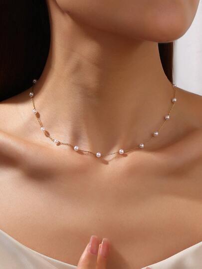 1pc Fashion Simple White Faux Pearl Chain Choker Necklace For Women Stainless Steel Beaded Necklaces Jewelry Gift