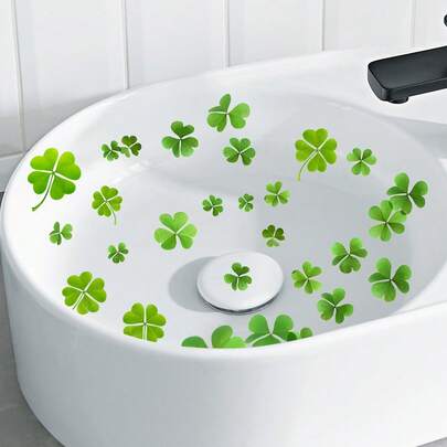 Lucky Clover Bathroom Stickers - Fresh Green Clover Themed Stickers, Self-Adhesive Removable Waterproof Decor, Suitable For Bathroom And Kitchen, Cheerful Spring Style Home Decor Stickers