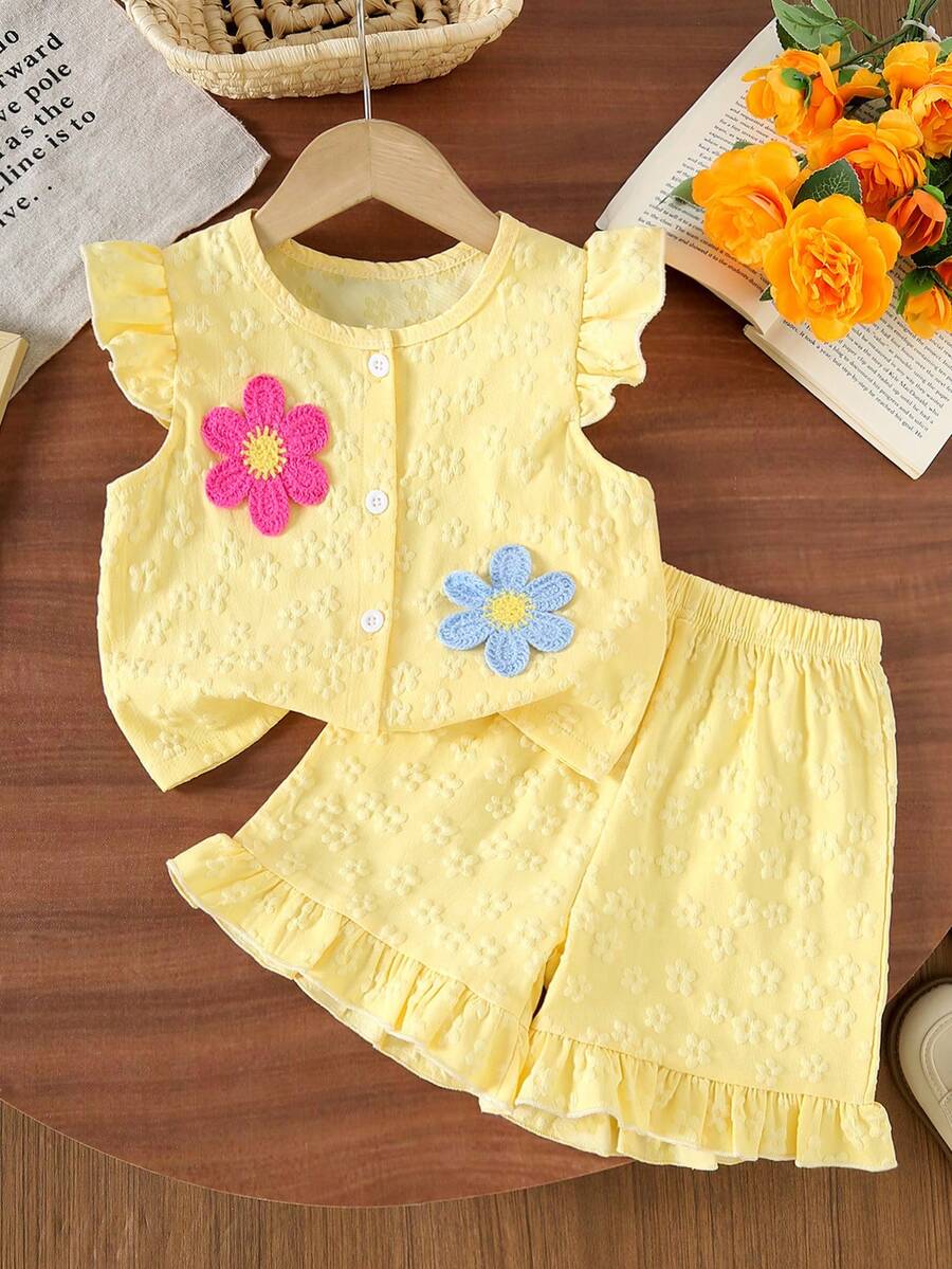 Girls 2pcs Summer Cute Floral Button-Front Top + Ruffle Shorts Set, Cute Floral Pattern Outfit, Suitable For Daily Casual And Outdoor Activities