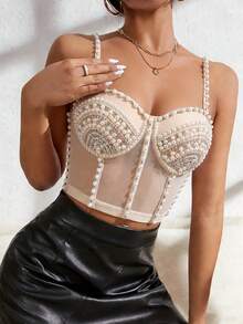 Sexy Nightclub Party Handmade Pearl & Rhinestone Bustier Crop Top, Revealing Backless Spaghetti Strap Tank Top For Clubwear - Apricot - View 2