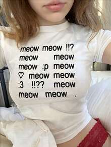 Meow Meow Repeat Graphic T-Shirt - Stylish Form-Fitting Cotton Tee With Fun Cat Prints, Featuring 'meow', Heart Symbol, And Playful Phrases - Ideal Casual Wear For Pet Lovers, Cute Gift For Friends, Soft, Comfortable, Perfect For Everyday Style Or Lounging At Home - 白色 - 查看 6