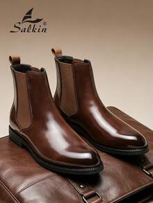 Salkin Vintage Designer Men's Chelsea Boots, Pull-On Style, Pointed Toe Design, Luxury Mid-Calf Ankle Boots, Men's Soft Genuine Leather Boots, Gentleman Business Formal Shoes, Casual Office Party Shoes, Couple's Romantic Dinner Date Gift, Back To School Student Shoes, Collegiate Style, Suggest Sizing Up One Size - Brown - View 9