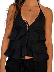 Women's Halter Neck Tops Sleeveless Open Back Layered Ruffle Hem Cami Tops Summer Shirts - 黑色 - 查看 8