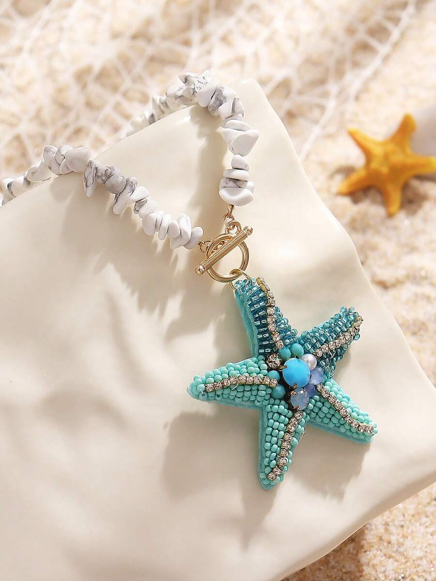 1pc Handmade Beaded Necklace With Natural Stones, Seashell Pendant, Bohemian Style, Suitable For Women, Beach, Vacation, Casual Wear - Scallop - View 1