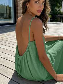Women's Sexy Backless Solid Color Spaghetti Strap Maxi Dress, Loose Sleeveless Empire Style Dress, 2026 Summer New Arrival - 淺綠 - 查看 2